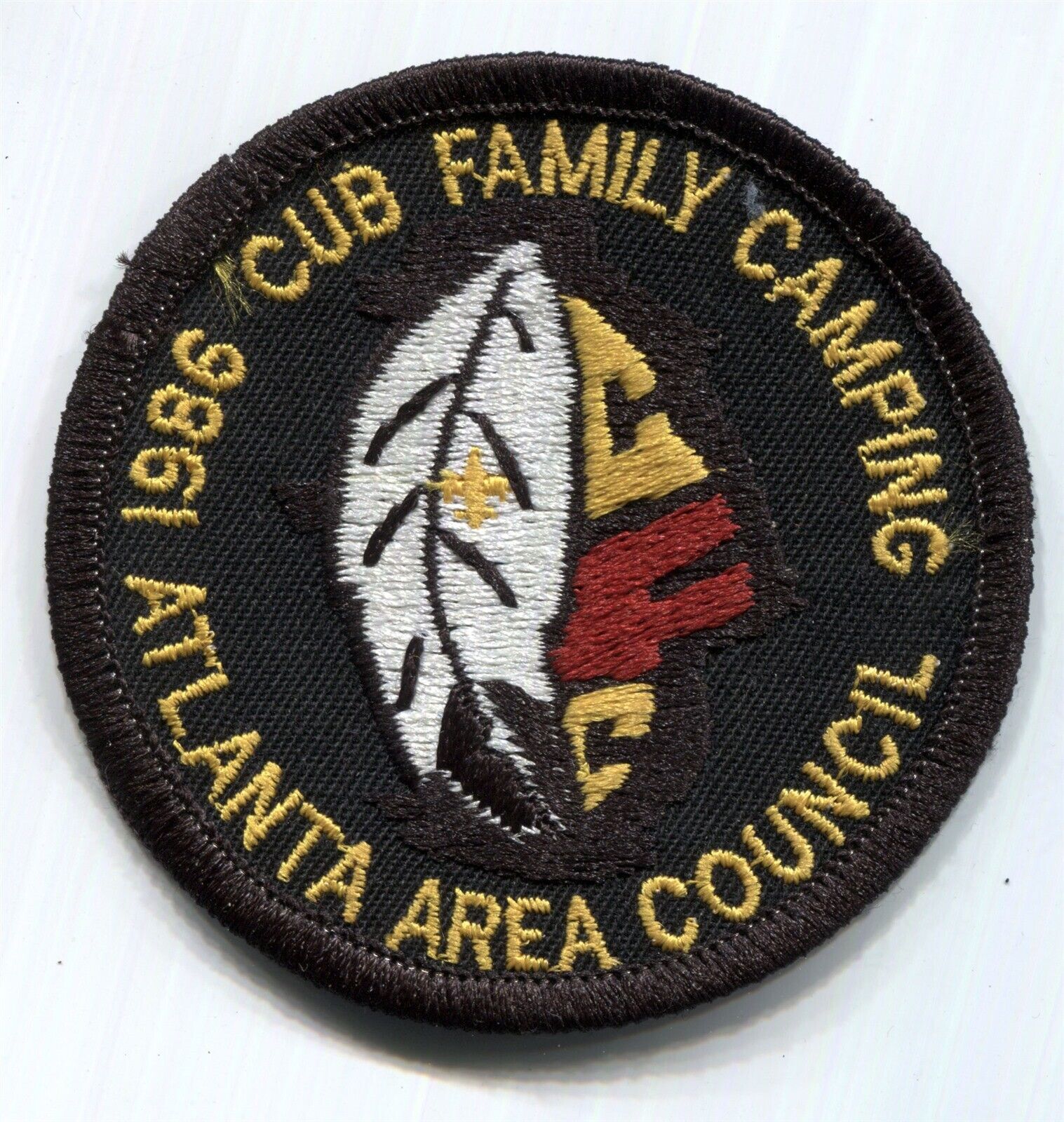 BSA Atlanta Area Council scout patch 1986 Cub Family Camp -CFC- black & black