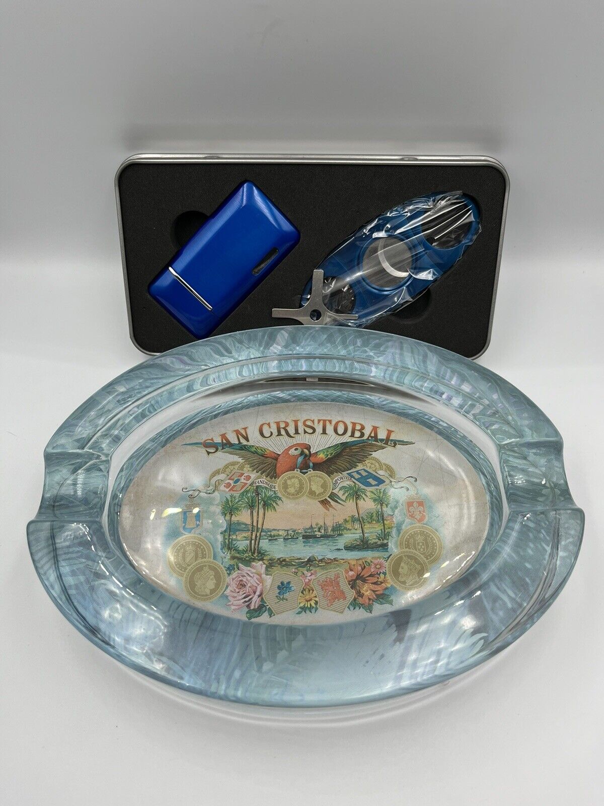 Cigar Ashtray San Cristobal  Blue Oval Glass 8” with Lighter and Cutter Set