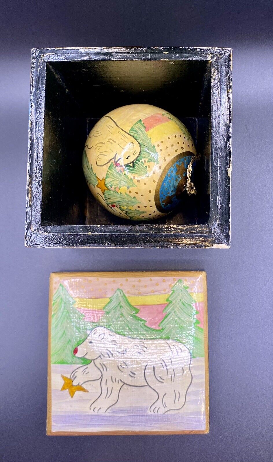 Polar Bear Hand Painted Ornament w/ Wood Box. Foreside India. RARE. Great Condi