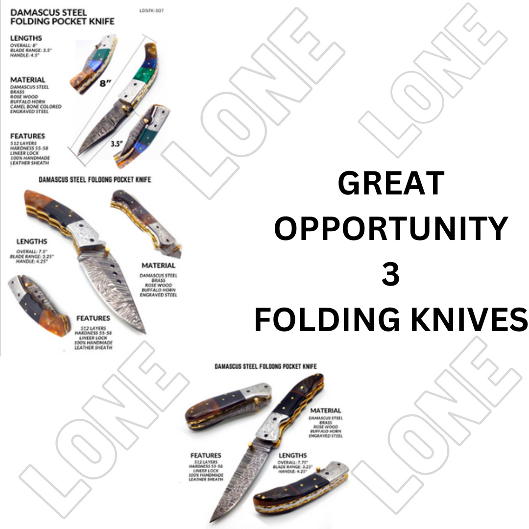 Damascus Steel Folding Pocket Knife Set of 3 Liner Lock Custom Handmade Camping