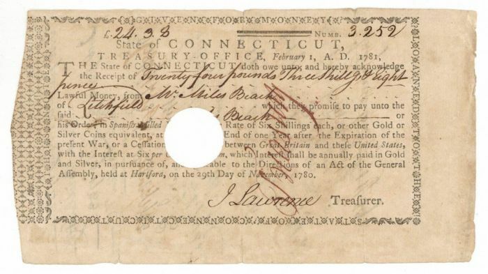 Receipt paid in Gold or Silver - Connecticut Revolutionary War Bonds - Connectic