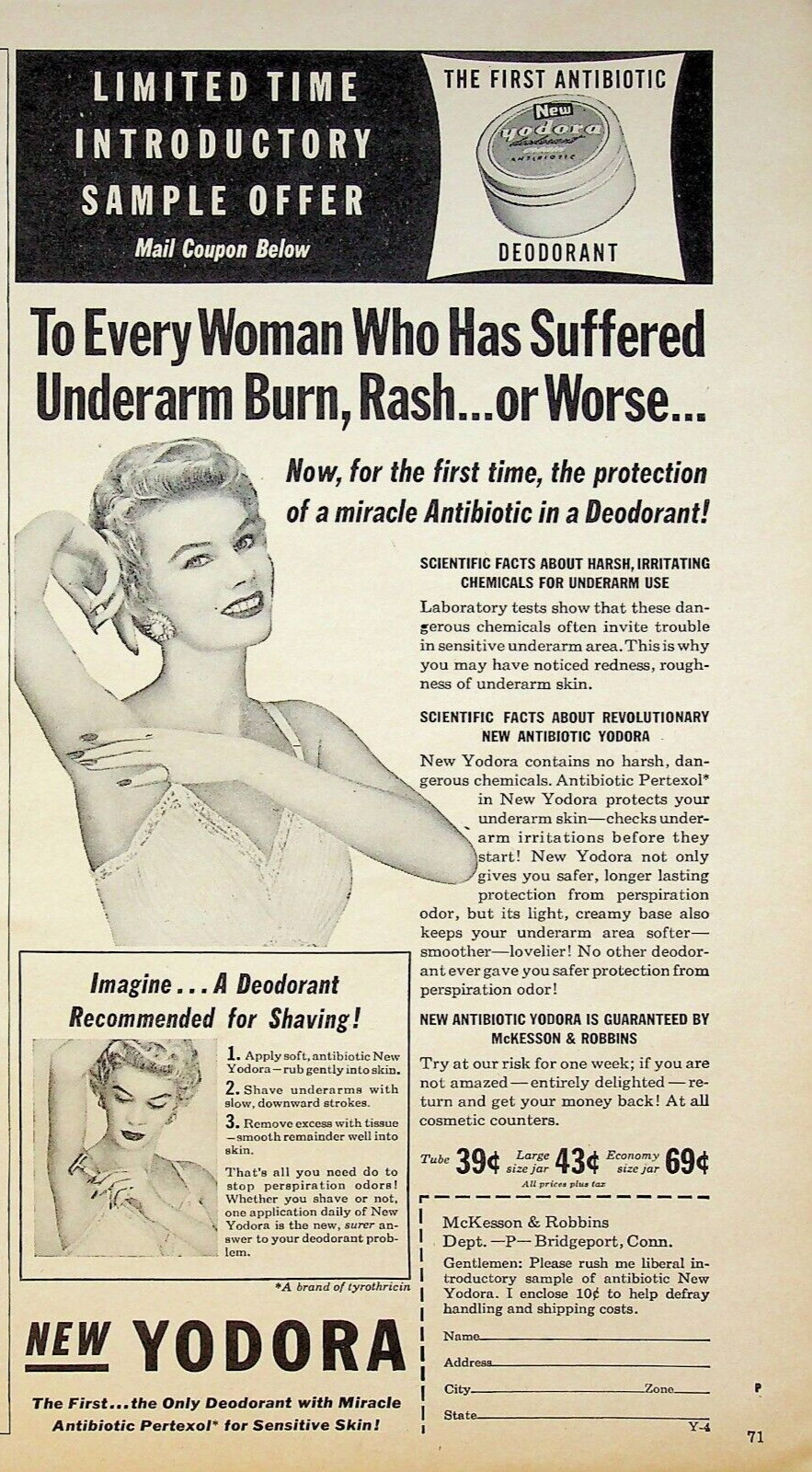 1955 Yodora First Antibiotic Deodorant Shaving Recommended 50s Vintage Print Ad
