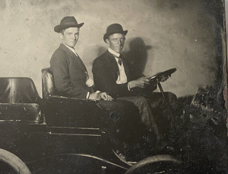 Excellent Tintype Photo - Two Handsome Men In A Convertible Automobile 