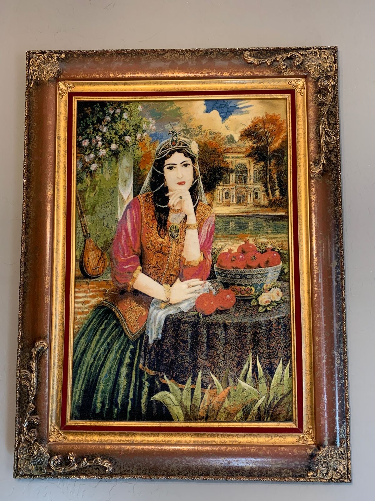 Framed Persian Hand Made Rug Vintage Princess Persia Pomegranite Marked