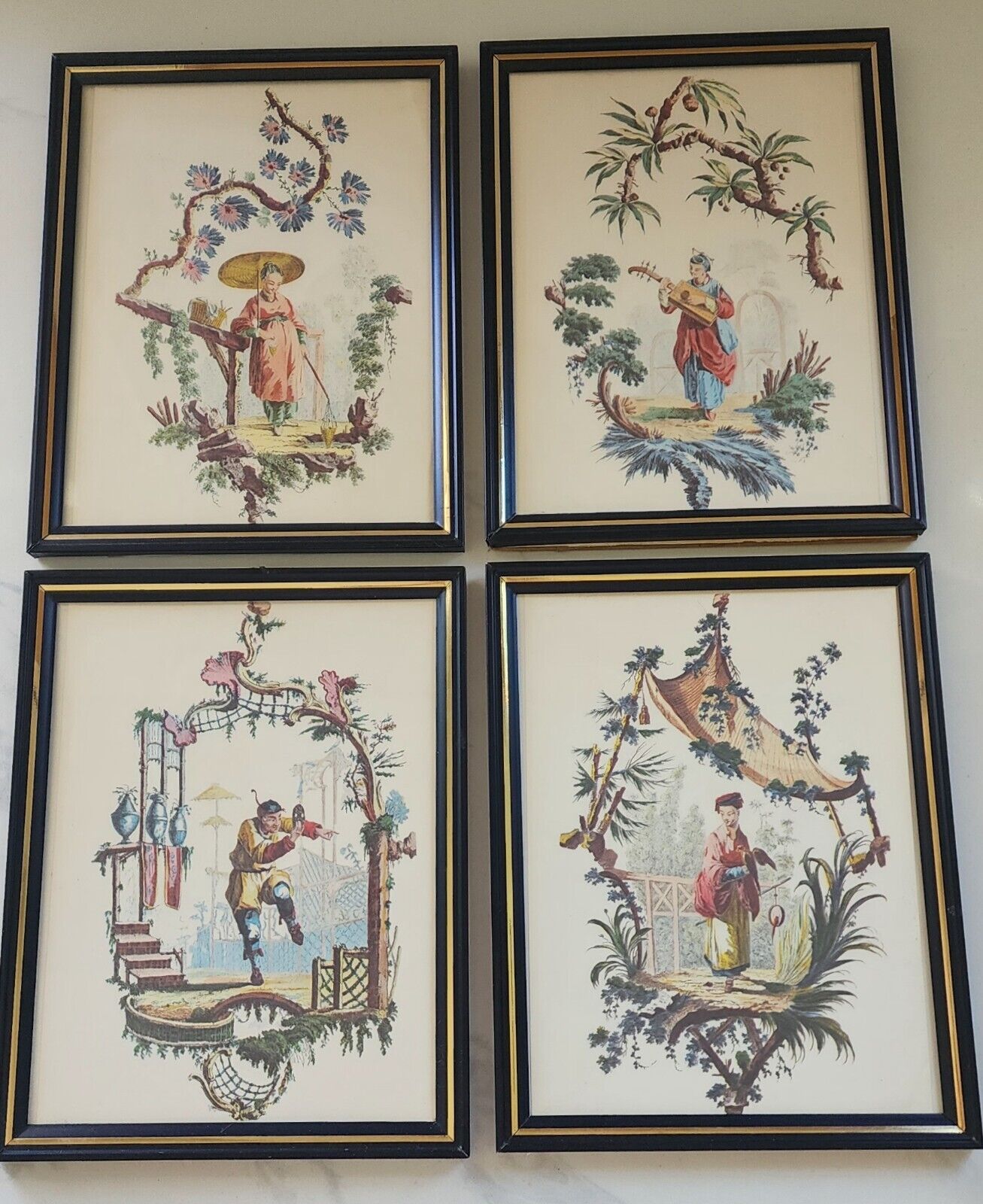 Vintage Borghese Chinoiserie Pictures Asian Art Set Of Four 