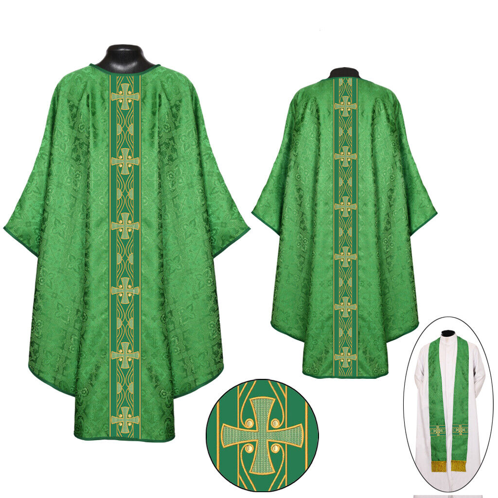 Priest Pastor GREEN Gothic Chasuble & Stole Set - Embroidered orphreys