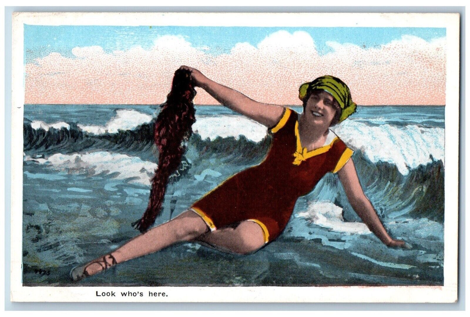 Beach Bathing Beauty Postcard Swimsuit Surf Scene c1910\'s Unposted Antique