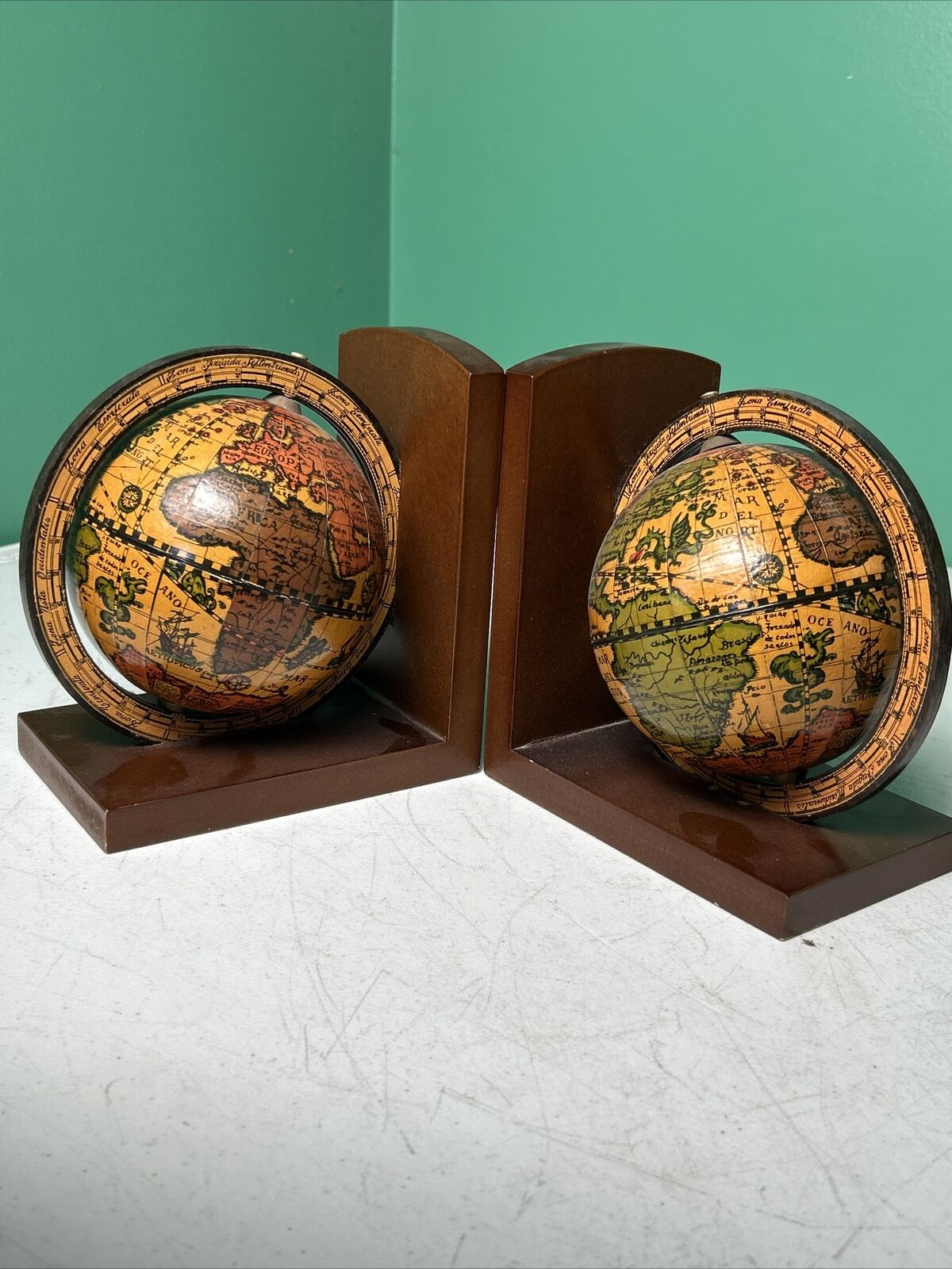 Vtg Olde World Wood Spinning Globe Bookends Made in Italy Dragons Ships Old Pair