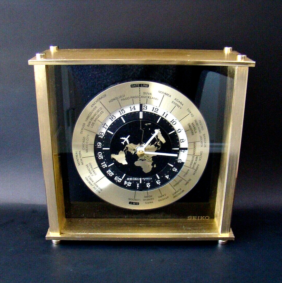 Vintage C1989 Seiko Brass World Time Zone Clock ✈ Second Hand #QQZ885A MCM Decor