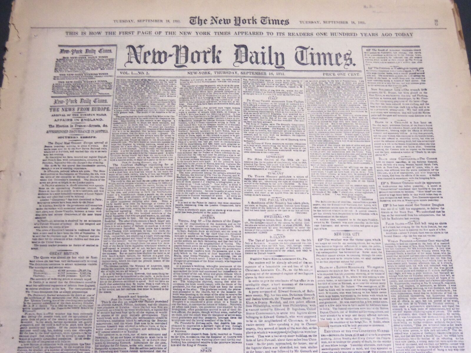 1951 SEPTEMBER 18 NEW YORK TIMES SECOND SECTION - 100 YEARS AGO - NT 7105