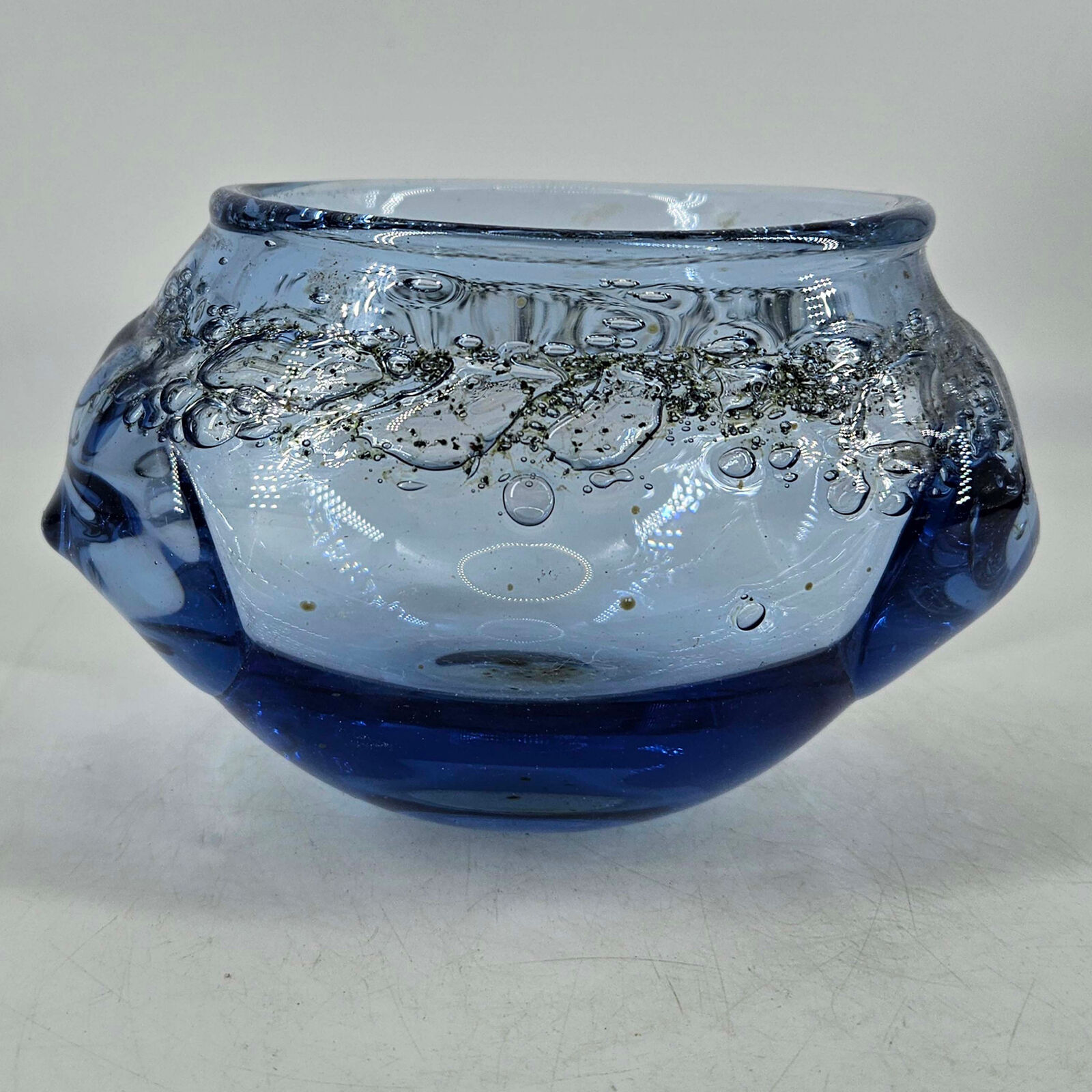 Hand Blown Studio Art signed glass small bubble detail blue vase