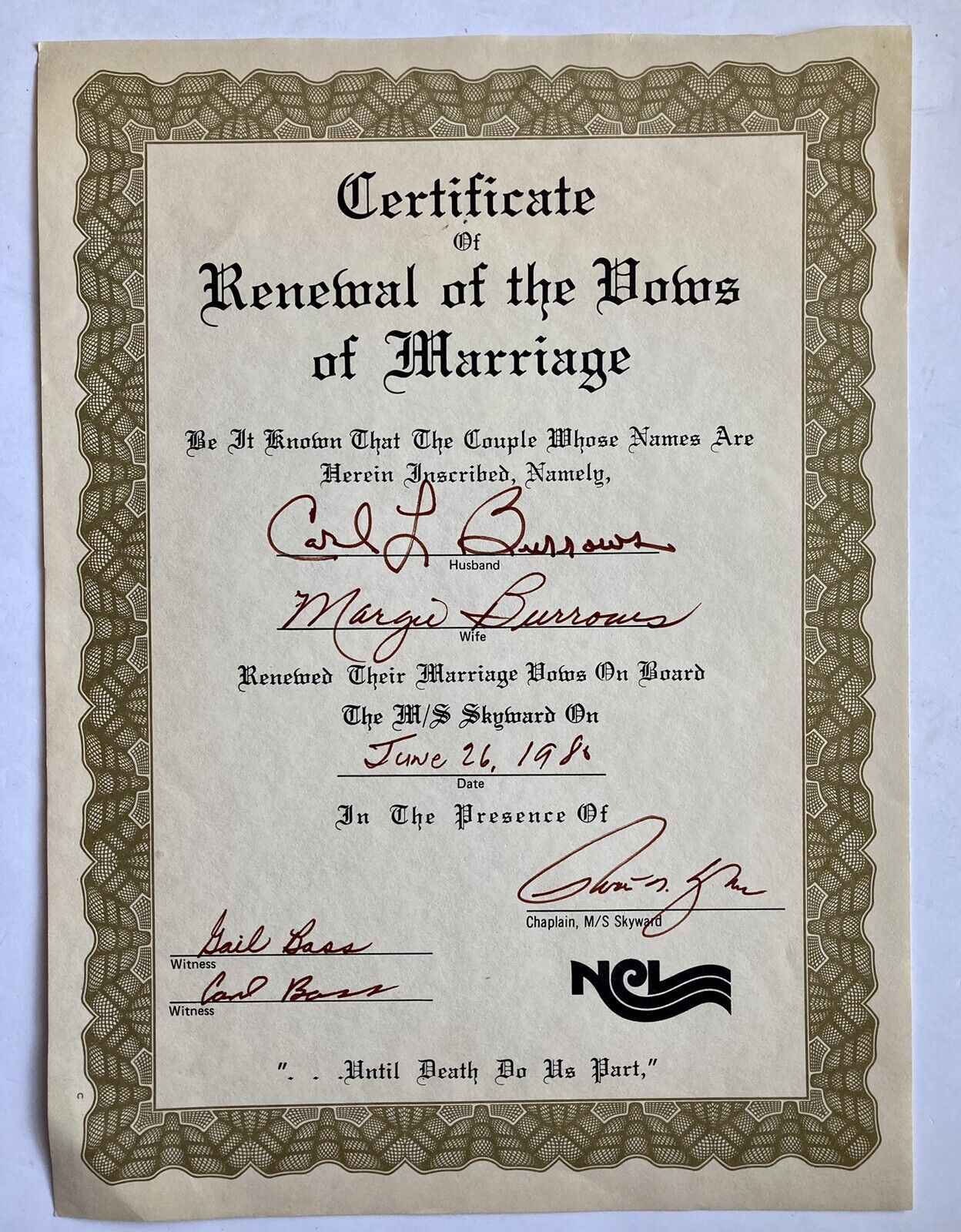 Cruise Ship NCL MS Skyward 1980’s Certificate Renewal Marriage Vows Certificate