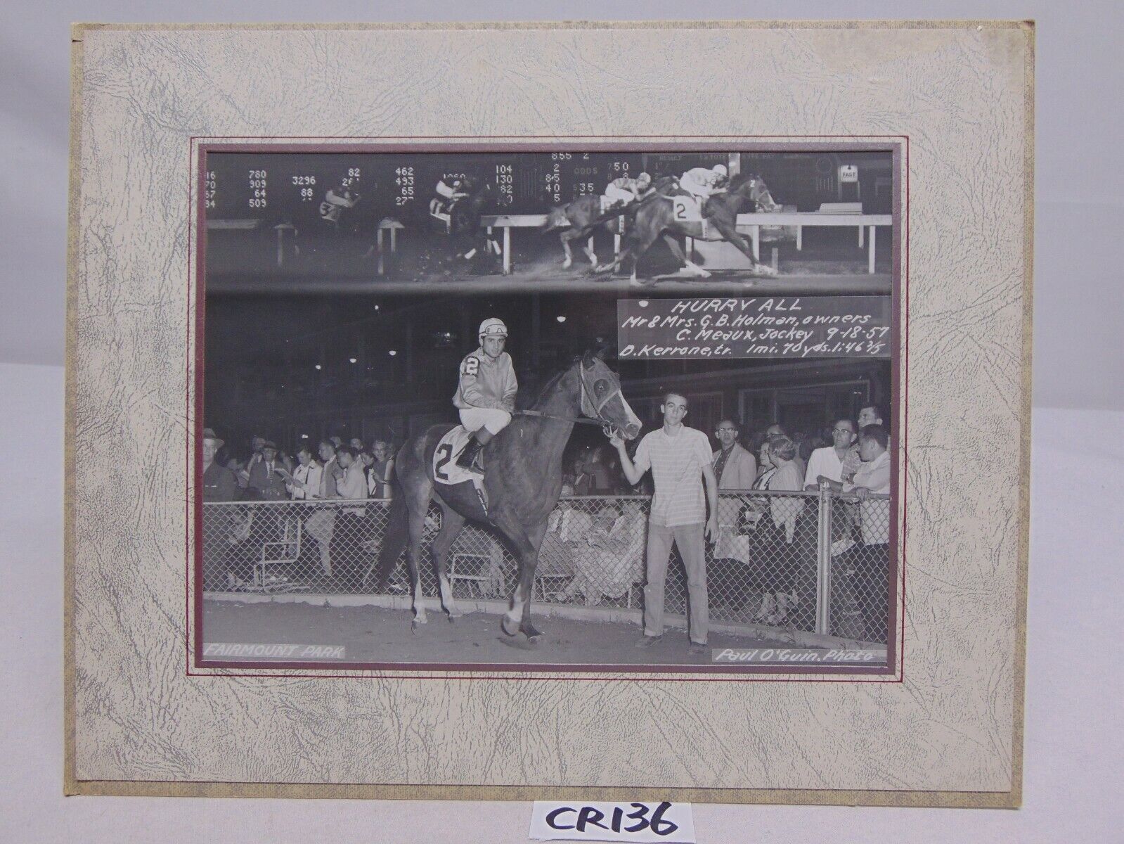 9-18-1957 PRESS PHOTO JOCKEYS ON HORSES RACE AT FAIRMOUNT PARK HURRY ALL-MEAUX 