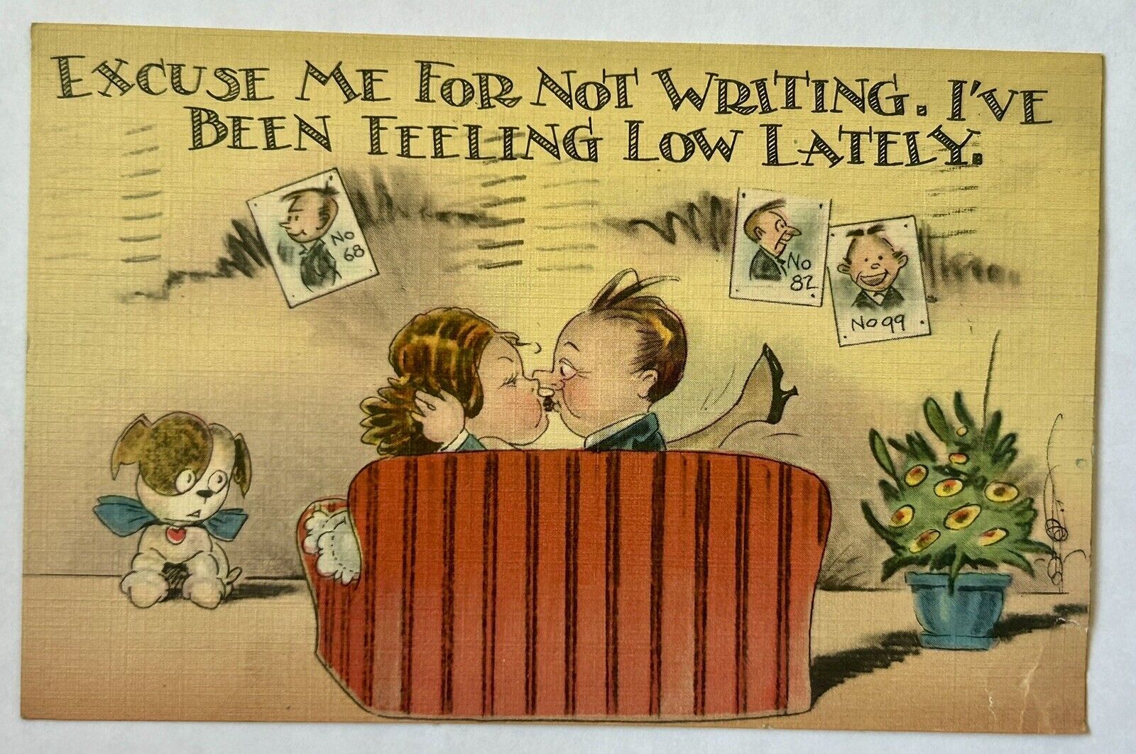 Cartoon Couple Kissing With Dog Funny Vintage Postcard. 1939