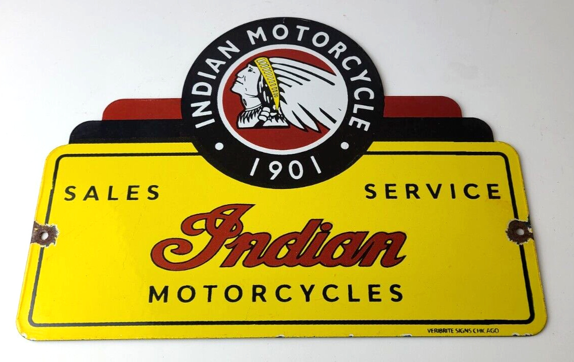 Vintage Indian Motorcycle Sign - Motor Bike Sales Service Parts Gas Enamel Sign