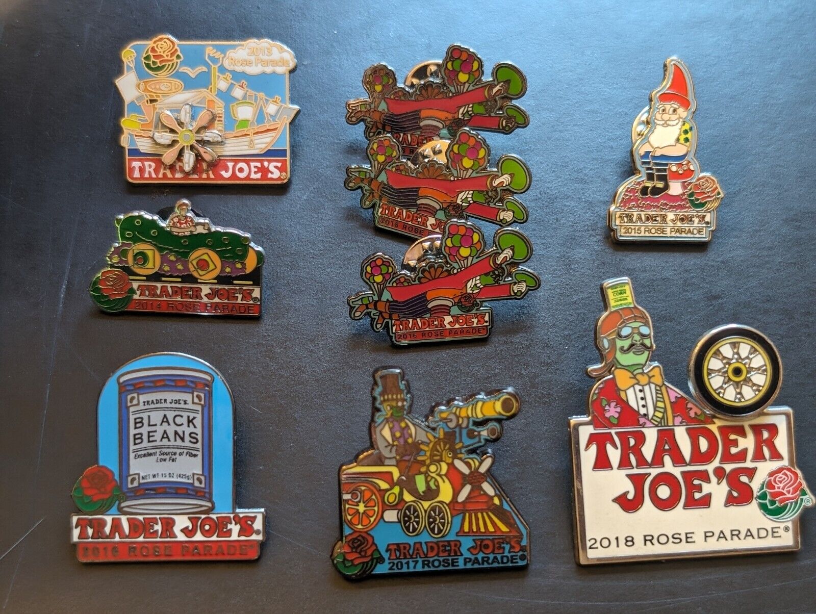 RARE Trader Joe\'s 2013 - 2018 Rose Parade Collectible Pin Set Plus Patch