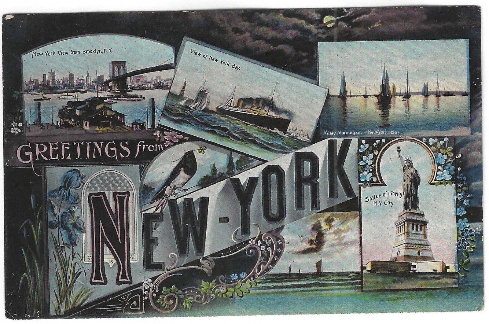 Greetings from New York (City), Early Postcard with 4 Scenes, Unused