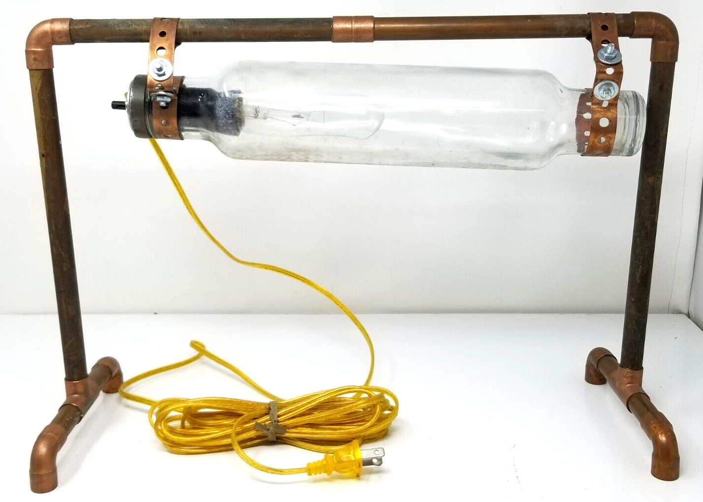 Industrial Repurposed Vacuum Glass Lamp Copper Pipe Frame Steampunk
