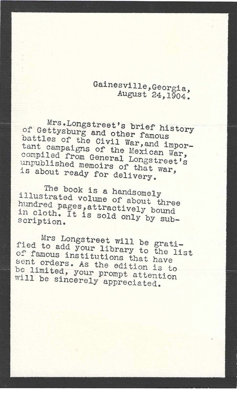 Mrs. Longstreet Attempts To Clear Gen. Longstreet's Reputation In Biography
