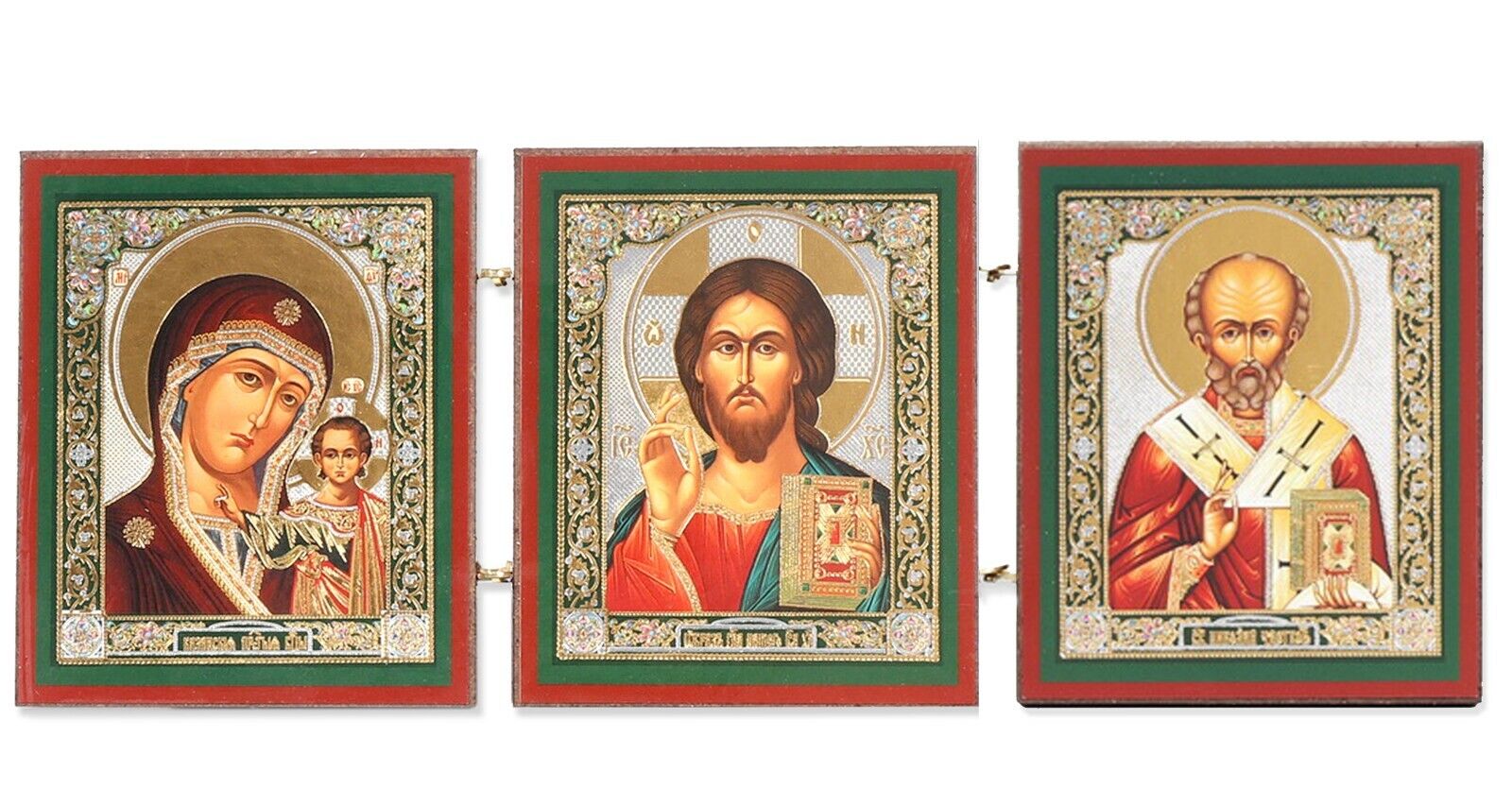 Russian Orthodox Icon Triptych Christ the Teacher Virgin of Kazan Saint Nicholas