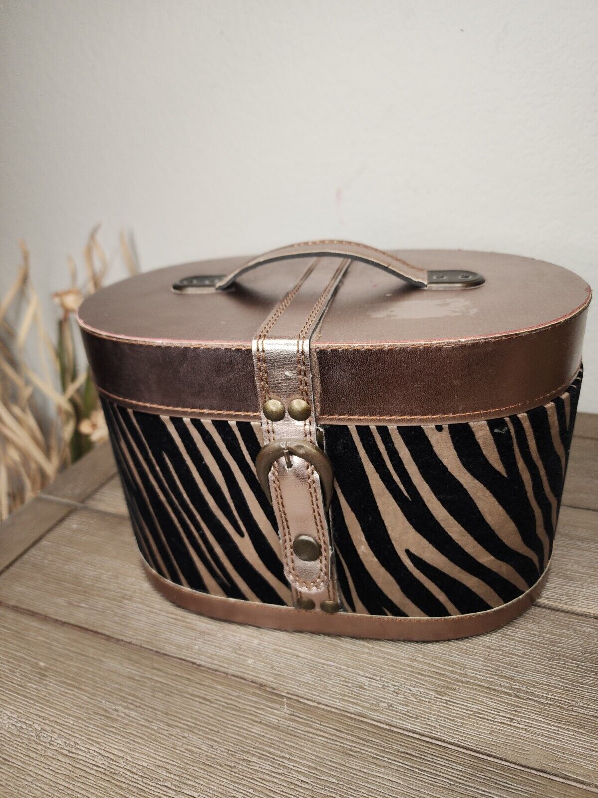 Oval Animal Print Storage Box with Faux Leather and Faux Animal Fabric Trim\