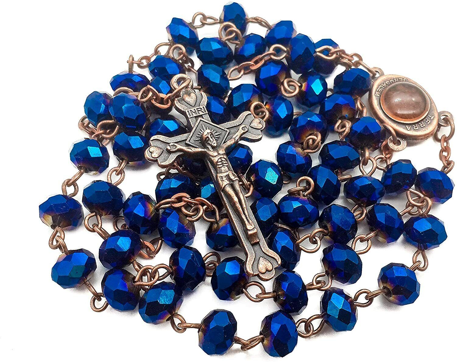 Deep Blue Crystal Beads Rosary Catholic Necklace Antique Holy Soil Medal & Cross