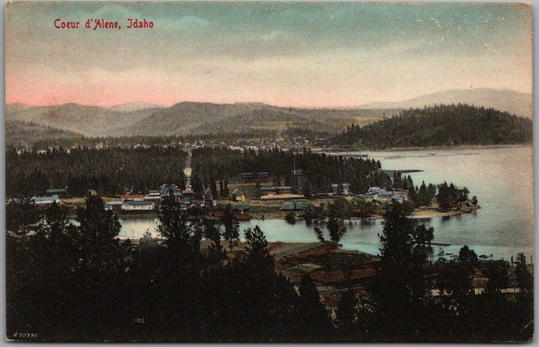 1910s Coeur d'Alene, Idaho Postcard Bird;s-Eye Panorama View HAND-COLORED Unused