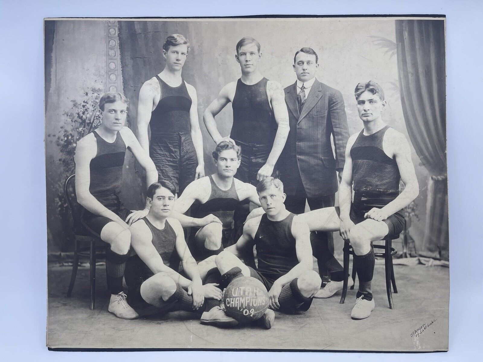 Rare 1909 Salt Lake City YMCA 1st Basketball team Utah Mormon Mounted Photo SLC