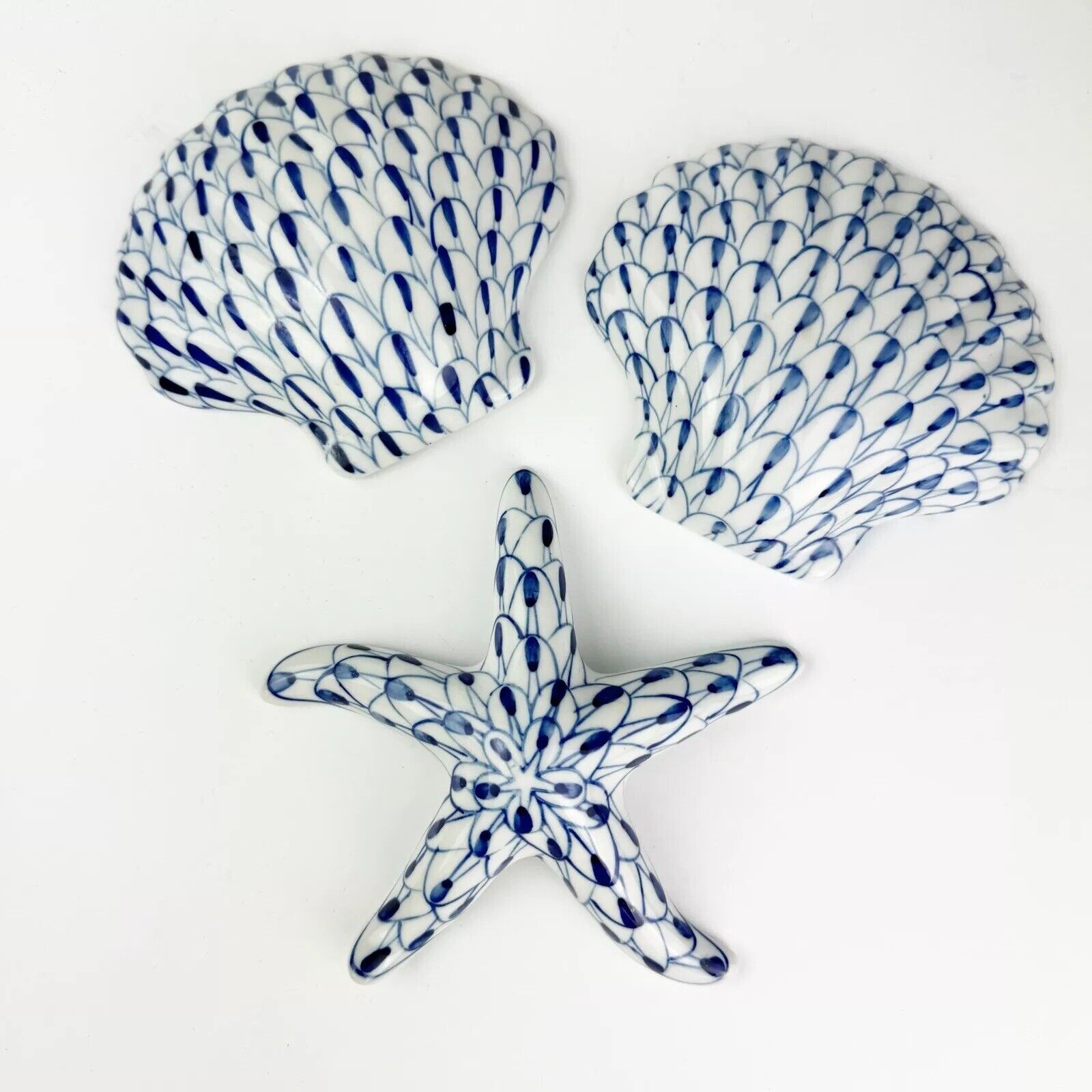 Andrea by Sadek Blue & White Fishnet Painted Porcelain Starfish & 2 Seashells