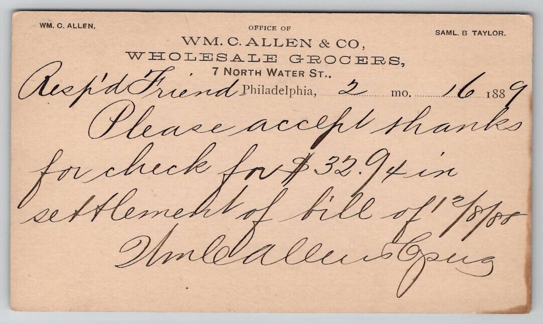 Philadelphia PA WM. C. Allen & Co Grocers 1889 Postal To Reeds Gap Postcard AA3