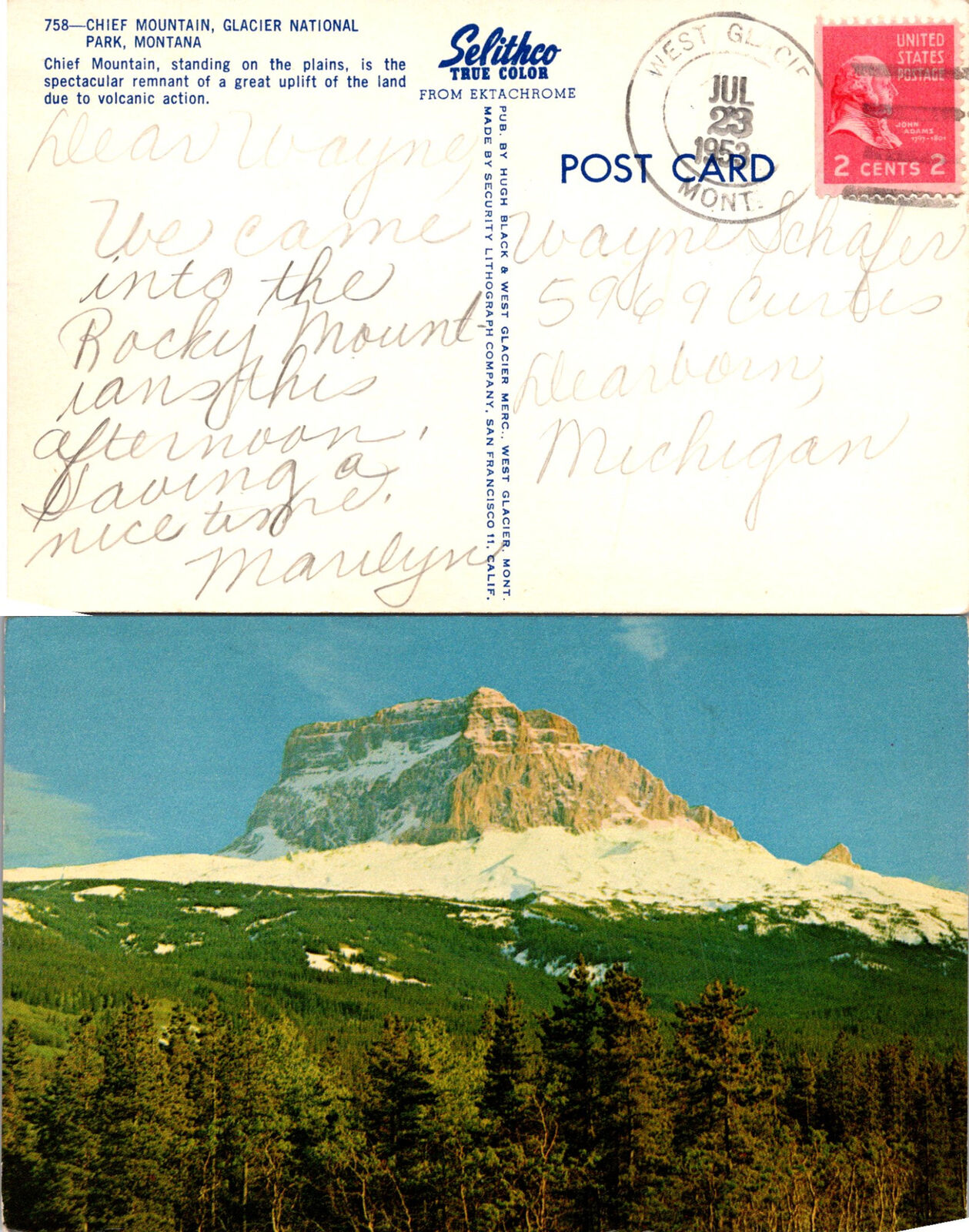 Vintage Montana Chief Mountain, Glacier National Park, MT Postcard Used 50664