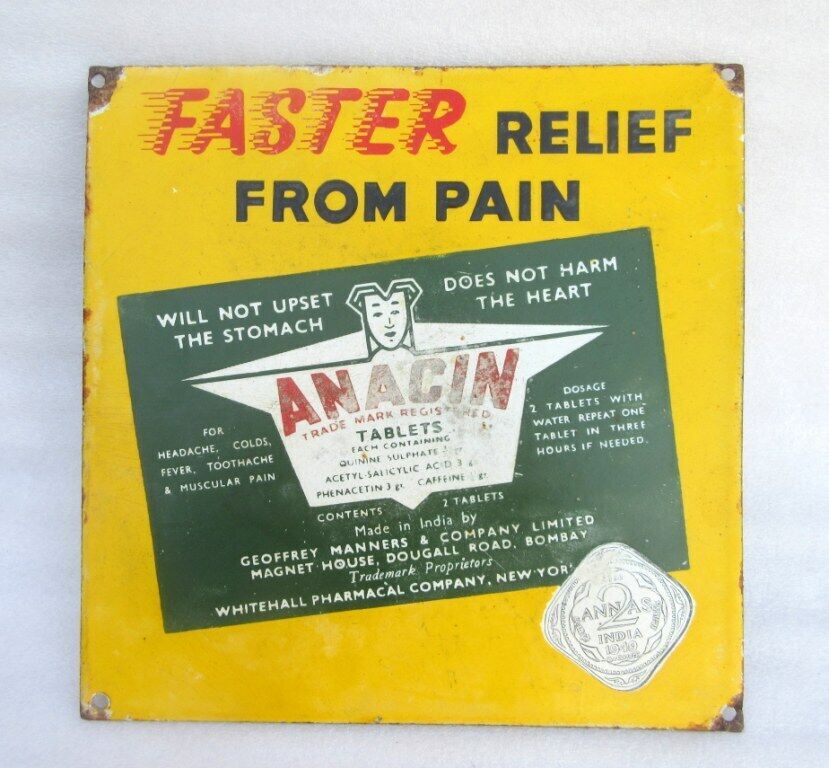 Vintage Anacin Tablets Medical Ad Porcelain Enamel Sign Board Collectible Sign