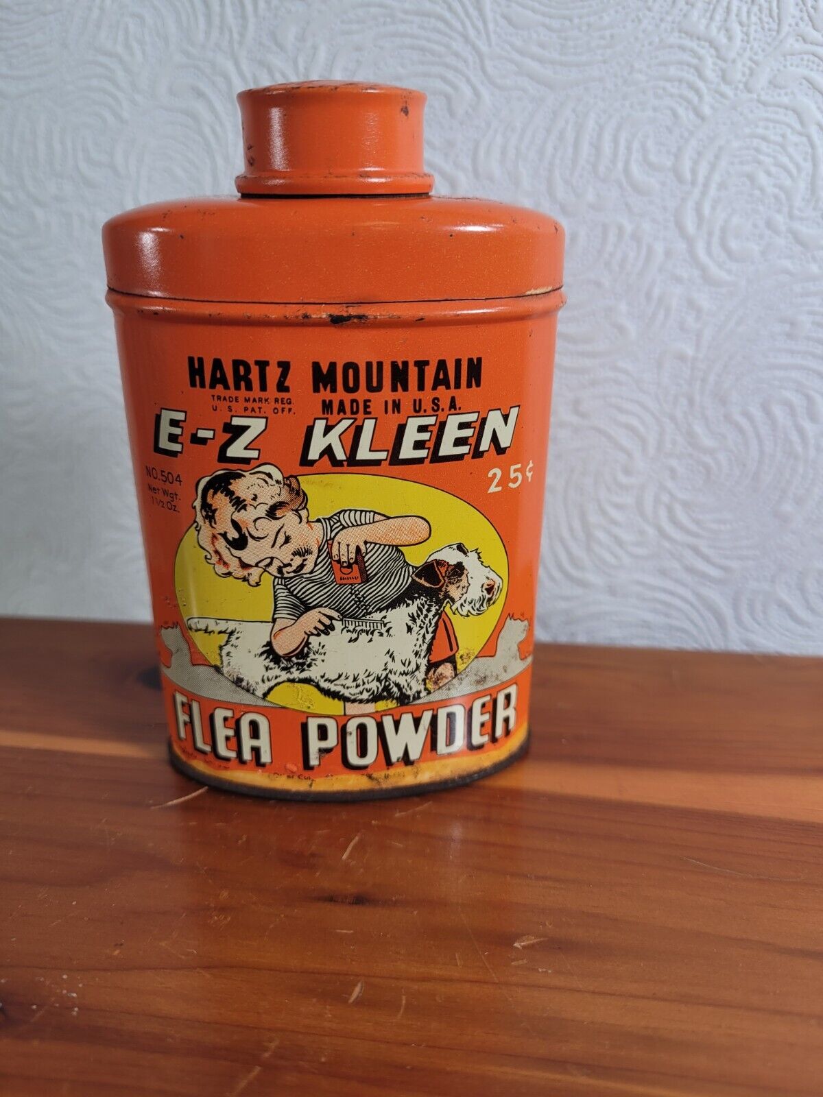 Vintage Hartz Mountain Dog Flea Powder Metal Tin 50s Advertisement Orange Rusty