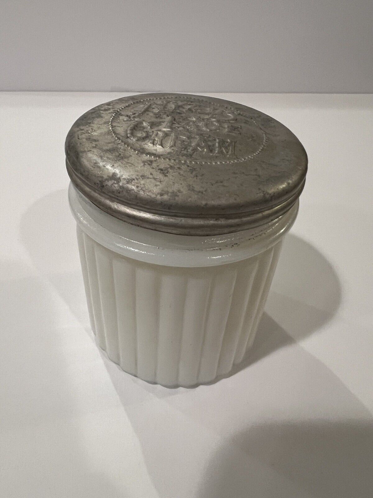 Vintage Nyal\'s Face Cream White Milk Glass Jar Ribbed Metal Lid Empty 2 7/8\