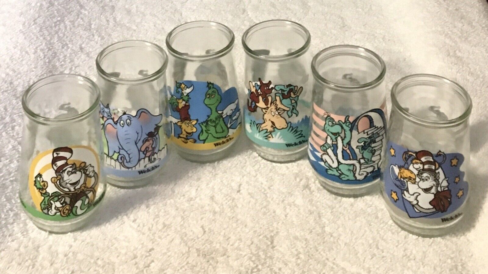 Dr Seuss 1996 Welch’s Complete  Set of 6 Jelly Jar Glasses Juice Anchor Hocking