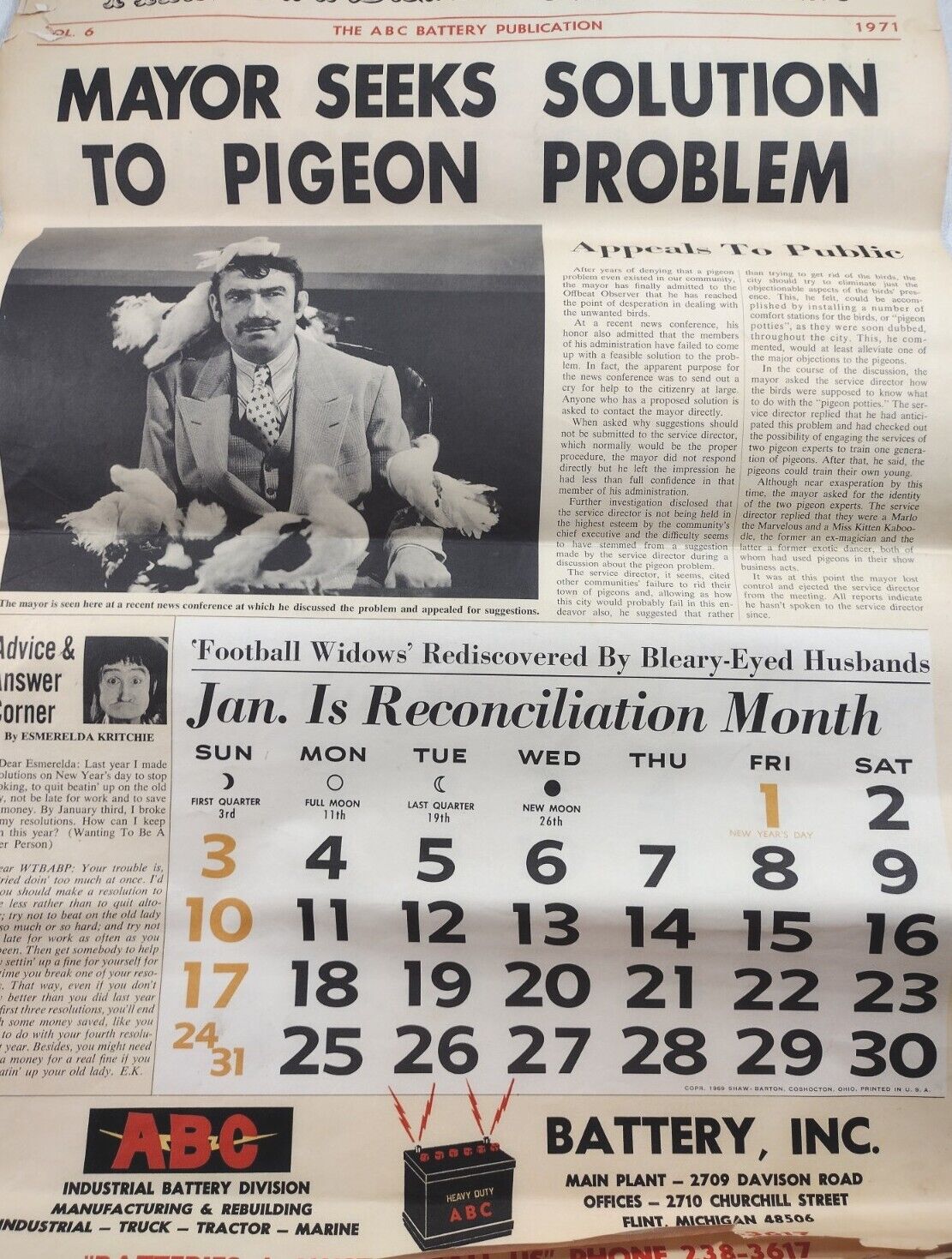  1971 Offbeat Observer ABC Battery Pin Up Print  Ad Calendar Flint MI Humor Vtg