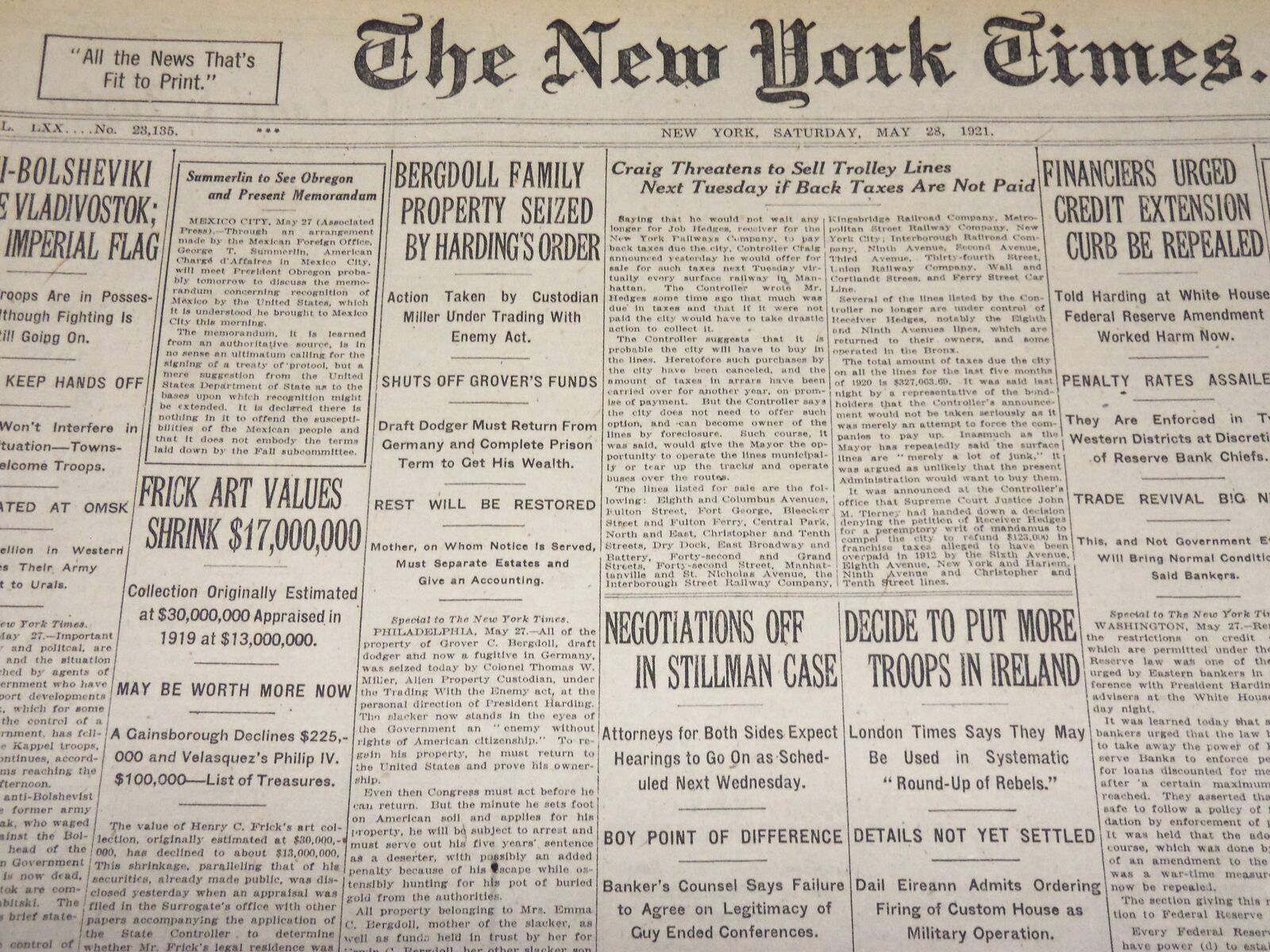 1921 MAY 28 NEW YORK TIMES - FRICK ART VALUES SHRINK $17,000,000 - NT 7855