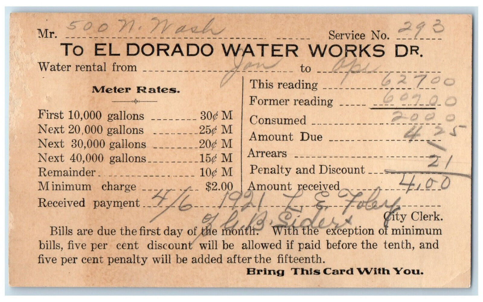 1921 El Dorado Water Works DR. Meter Rates Unposted Antique Postal Card