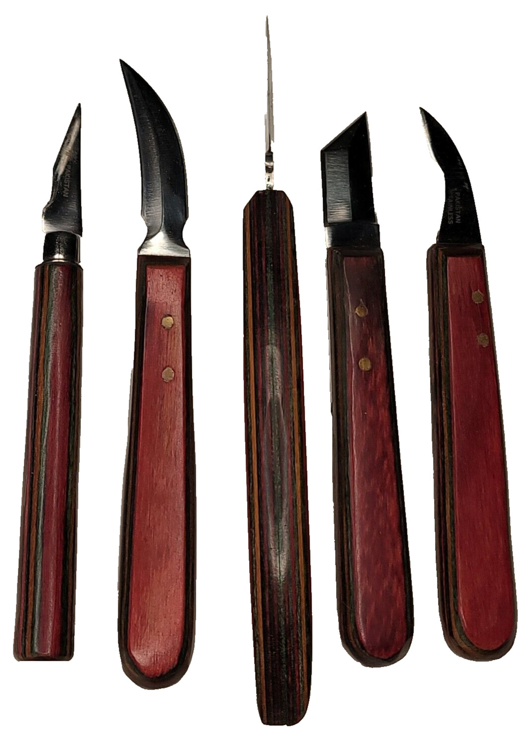 Pakkawood Handle Wood Carving Knife 5 Piece Set Rare Knives Pakistan New VTG 