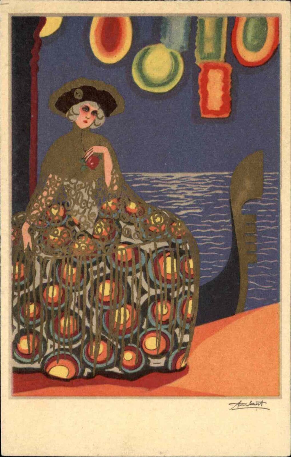 Stunning Art Deco Woman Dress Gondola Lanterns #2587 Artist? Postcard c1920s