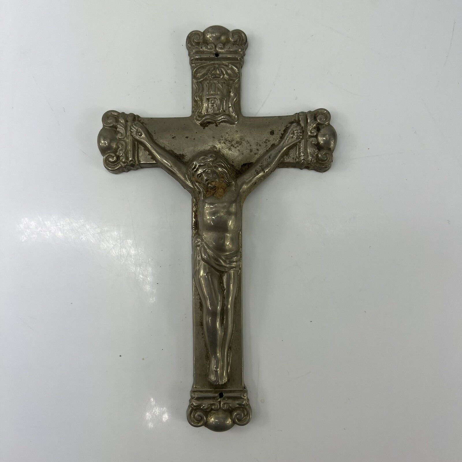 Vintage Crucifix Silver Metal Crucifix Wall Cross Jesus Christ INRI Christianity