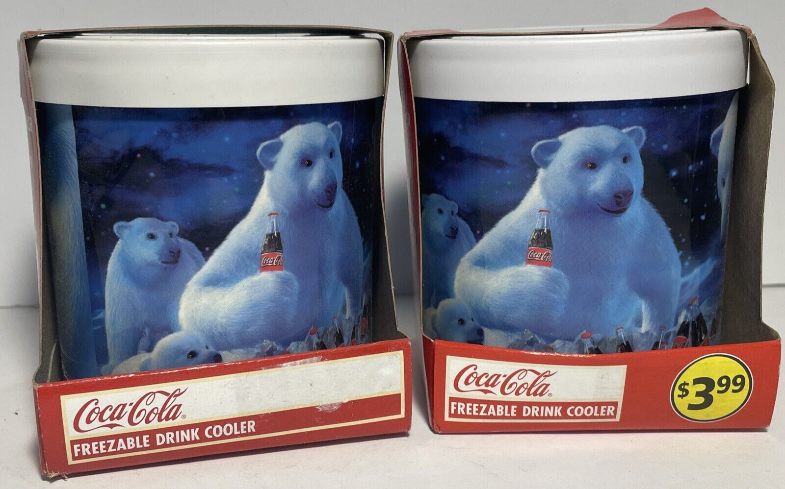 NOS Set of 2 Vintage Coca-Cola Polar Bears Freezable Drink Coolers Coke USA