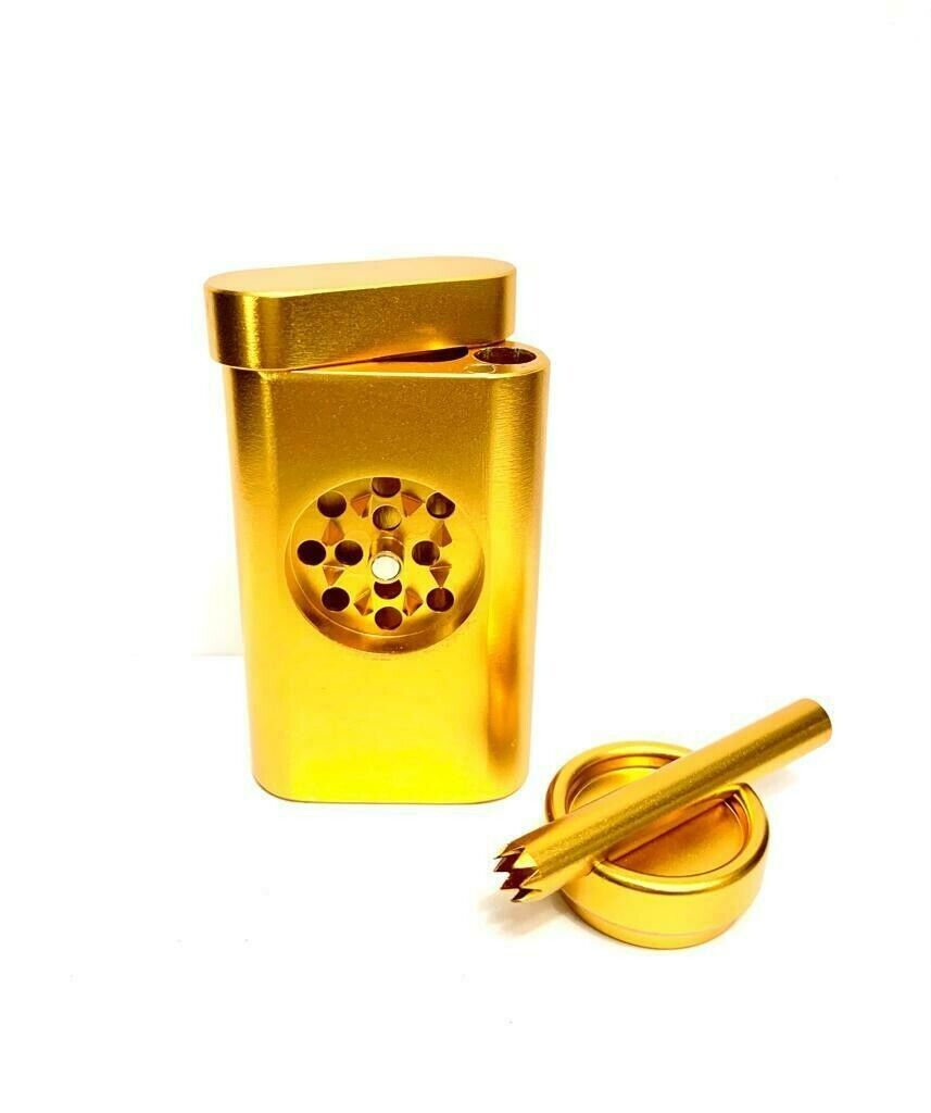 DUGOUT MAGNETIC ALUMINUM WITH GRINDER, ASHTRAY, STORAGE, AND ONE HITTER - GOLD