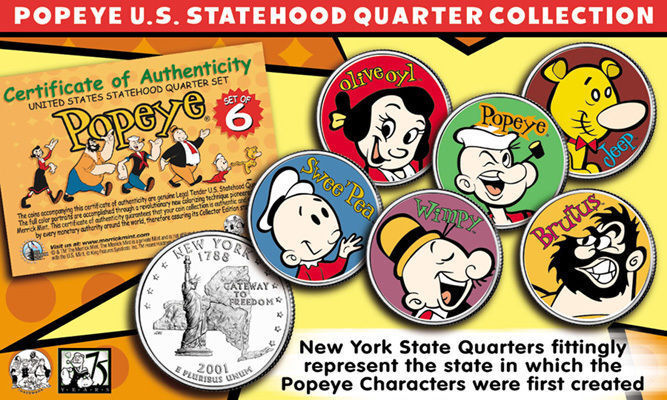POPEYE & FRIENDS US Statehood Quarter Colorized 6-Coin Set *Officially Licensed*