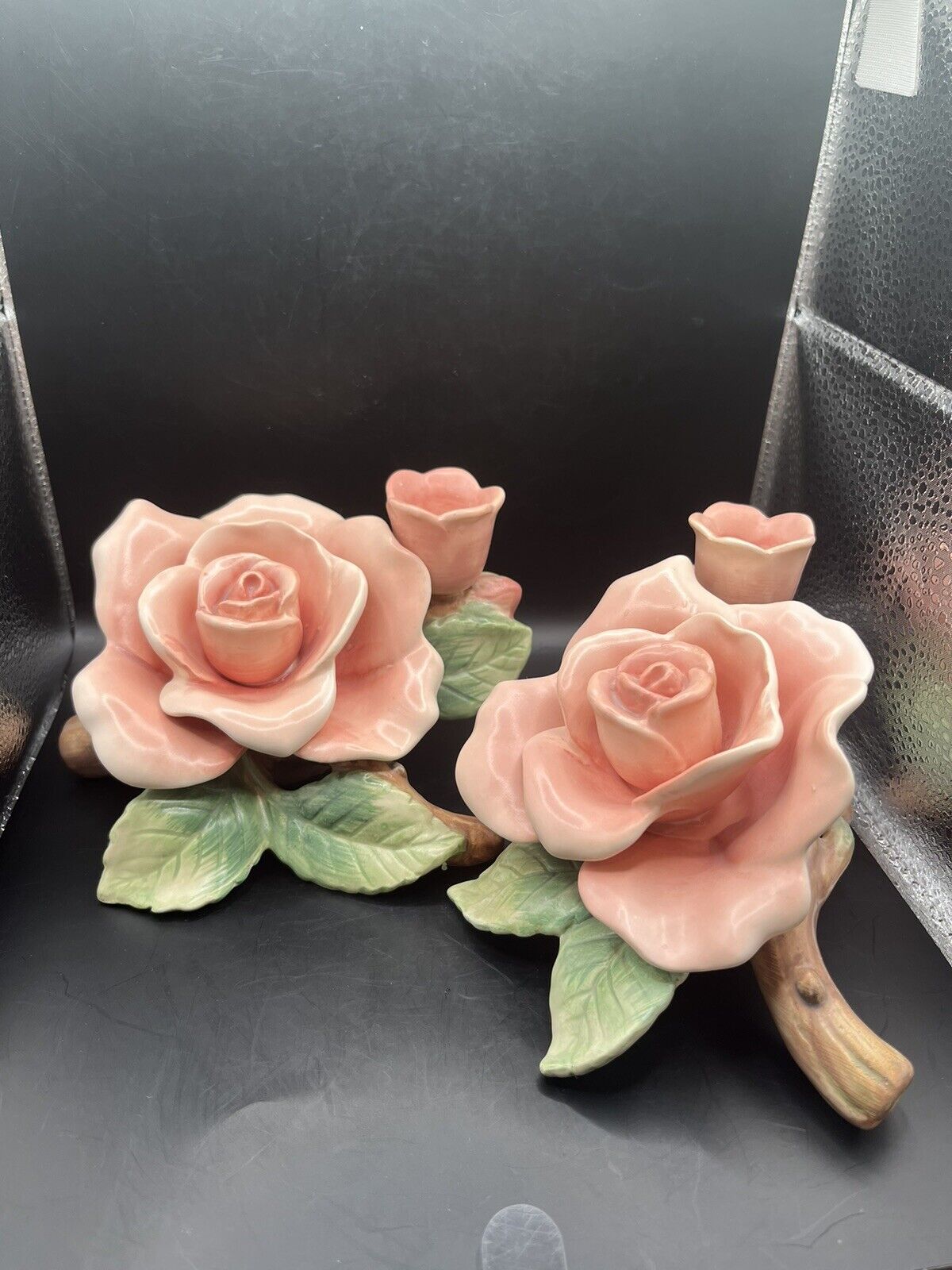 FITZ & FLOYD Pink Rose candle holders - 1987 - set of 2 - Matte Finish