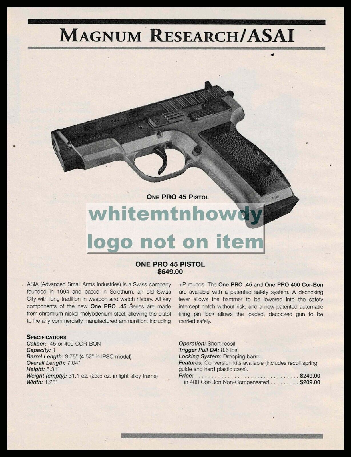 1999 MAGNUM   RESEARCH /ASAI One Pro .45 Pistol Original PRINT AD w/specs