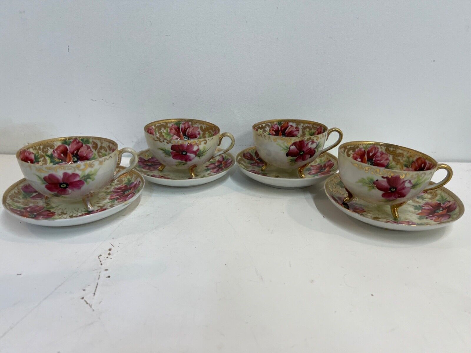 Vintage Japanese Nippon Porcelain Set of 4 Cups and Saucers with Add. Saucer