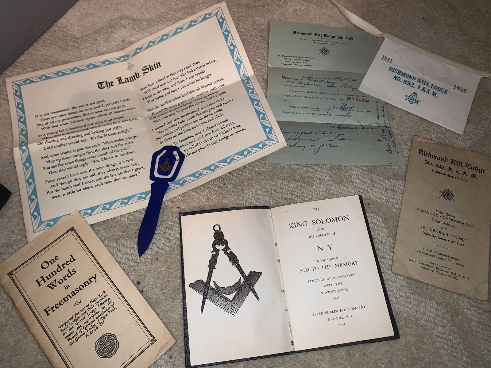 1944 Richmond Hill lodge￼ NO 892-Free-Masonry Book Masonic Signs & Oaths