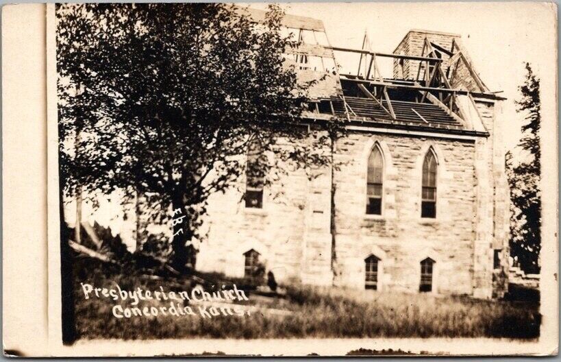 1912 CONCORDIA, Kansas RPPC Photo Postcard PRESBYTERIAN CHURCH Tornado Disaster