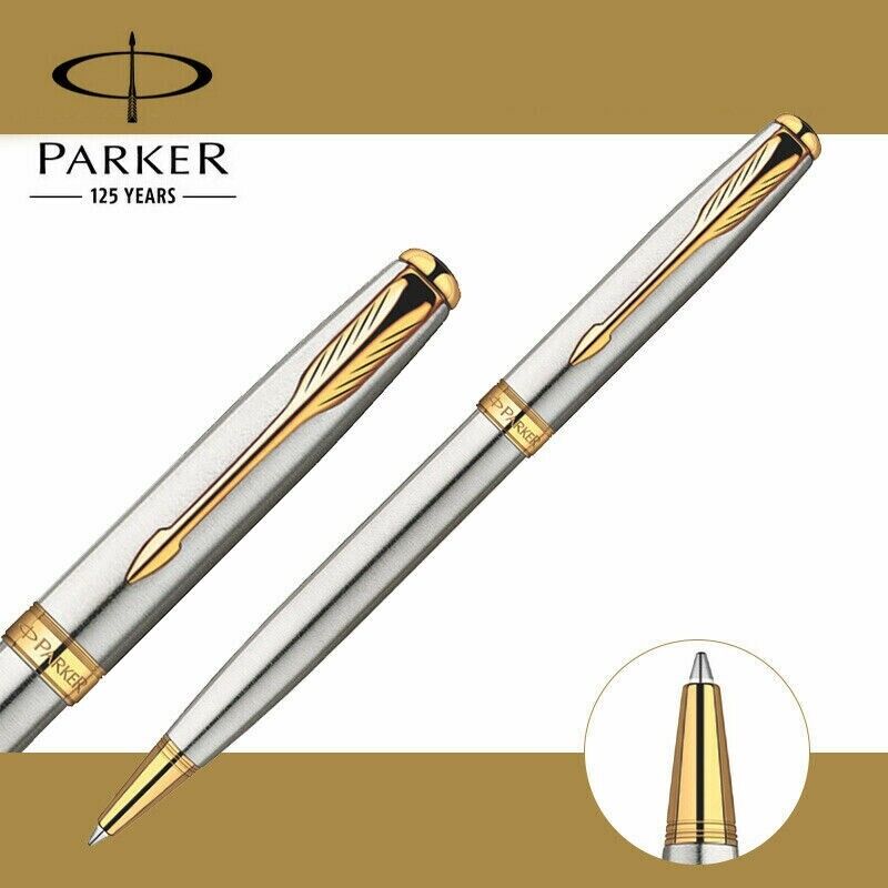 Parker Sonnet Ballpoint Pen Stainless Steel Gold Clip With 0.7mm M Black Ink